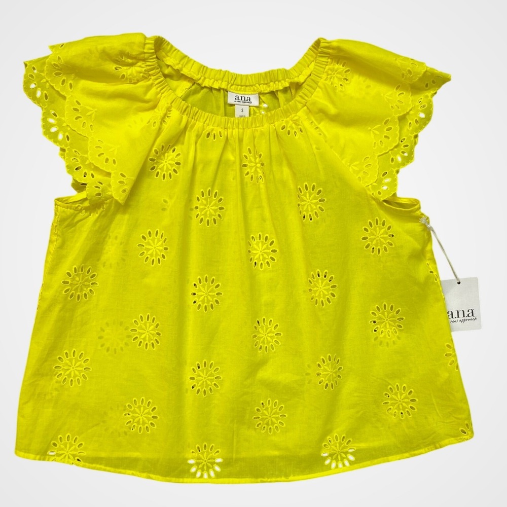 a.n.a Eyelet Flutter‎ Sleeve Top Women Small Yellow NEW Scalloped Boho Blouse